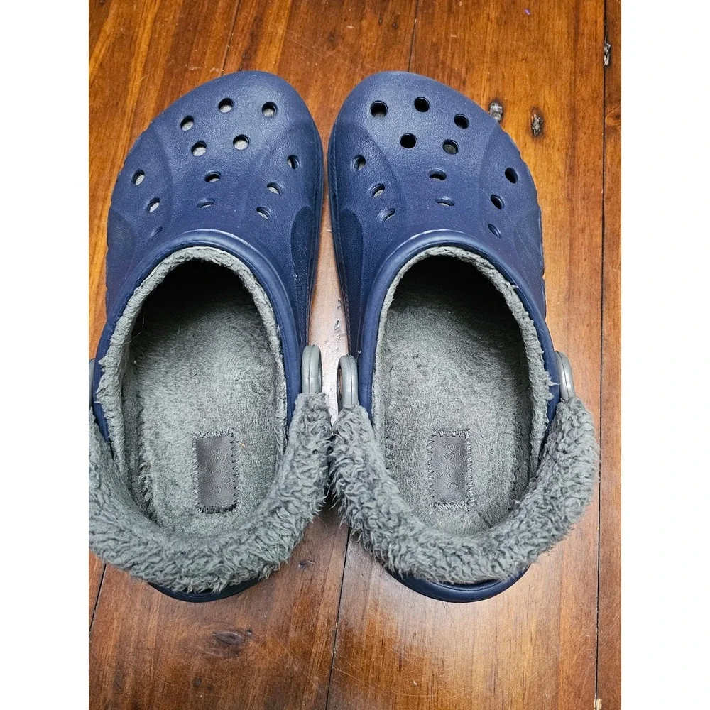 Crocs Baya Lined Navy Blue Grey Faux Fur Clogs Mens 7 Womens 9 Winter Slippers